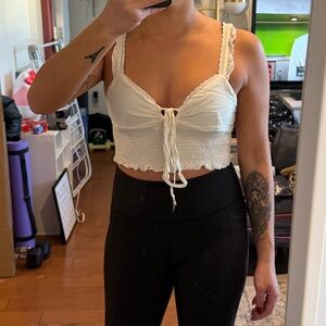 Urban Outfitters Cream Lace-Trim Smocked Cropped Camisole